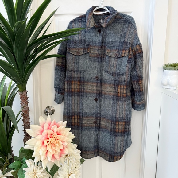 💙 ZARA SHACKET Plaid Oversized Coat with Hoodie and Joggers - Picture 4 of 8
